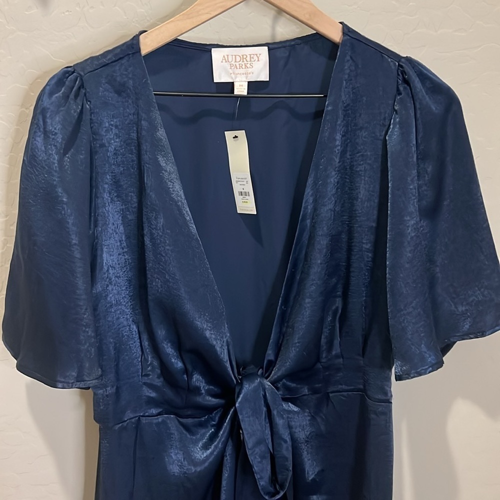 Silk Dress Margot Satin Wrap Navy Blue Party Audrey Soft Francesca’s Holiday - Picture 3 of 15